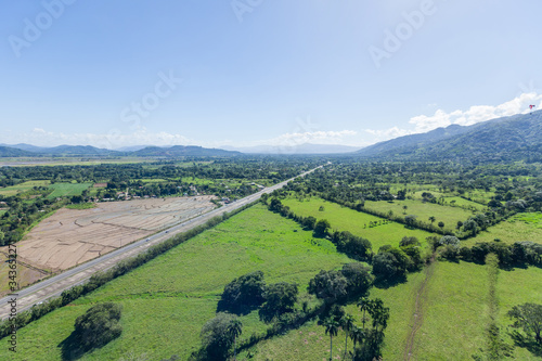 Meadow aerial view landscape with green grass field, cane plantation harvesting, forest and blue sky 