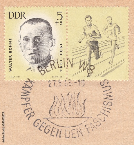 Portrait of Walter Bohne-German Communist. Long-distance runners, fighter against fascism, stamp Germany 1963