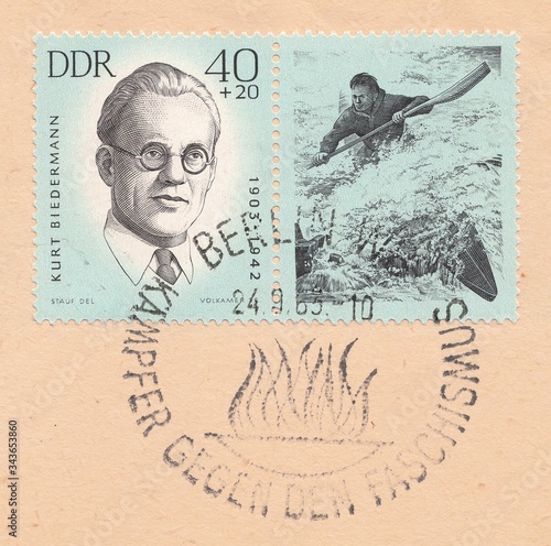 Portrait of Kurt Biedermann, kayaking on the river, fighter against fascism, stamp Germany 1963 photo