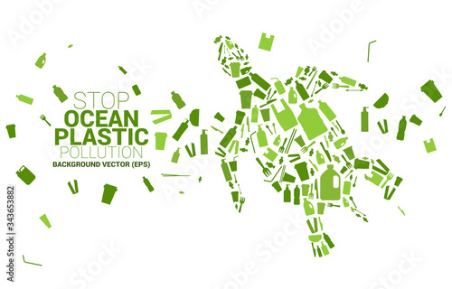 Sea Turtle shaped from plastic package and product icon. background for Ocean plastic pollution.Take care and save the environment. Say no to plastic