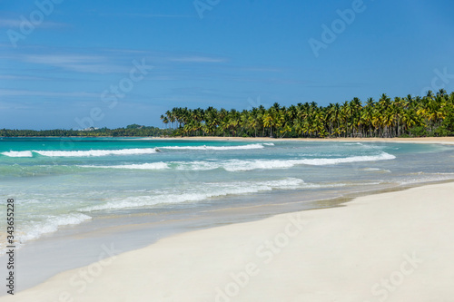 Beach landscape with sand, white foam waves, palm trees, blue sky, turquoise water and clouds, paradise Caribbean coast of Dominican republic  © Irina