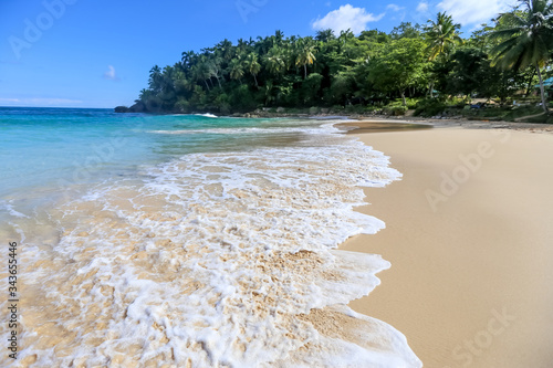 Beach landscape with sand, white foam waves, palm trees, blue sky, turquoise water and clouds, paradise Caribbean coast of Dominican republic 