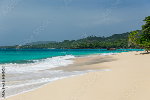 Beach landscape with sand, white foam waves, palm trees, blue sky, turquoise water and clouds, paradise Caribbean coast of Dominican republic  © Irina