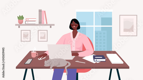 Woman working at her desk with laptop. Home office. Freelance or studying concept. Daily life of freelance worker, everyday routine. Remote worker. Cute illustration in flat cartoon style. © Oleksandra Bezverkha