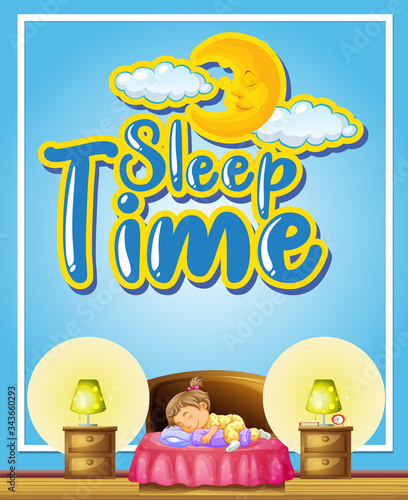 Poster design with word sleep time and girl sleeping in bedroom