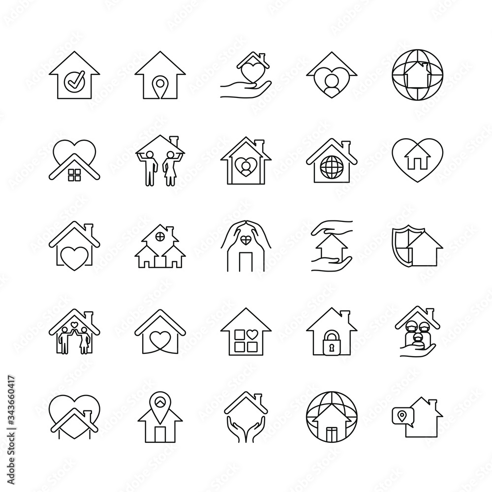 global spheres and stay home icon set, line style global spheres and stay home icon set, line style