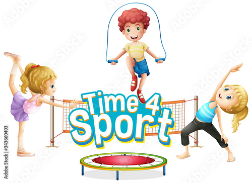 Font design for word time for sport with kids doing different sports