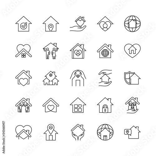 global spheres and stay home icon set, line style