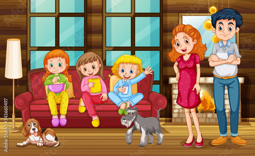Scene with people staying at home with family