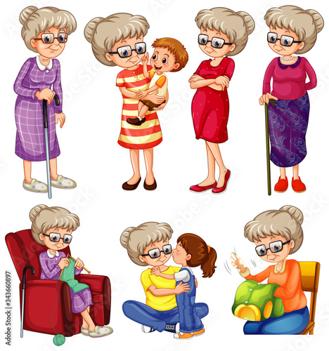 Grandmother doing different things on white background