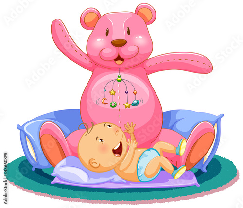 Scene with baby sleeping in bed with giant teddy bear