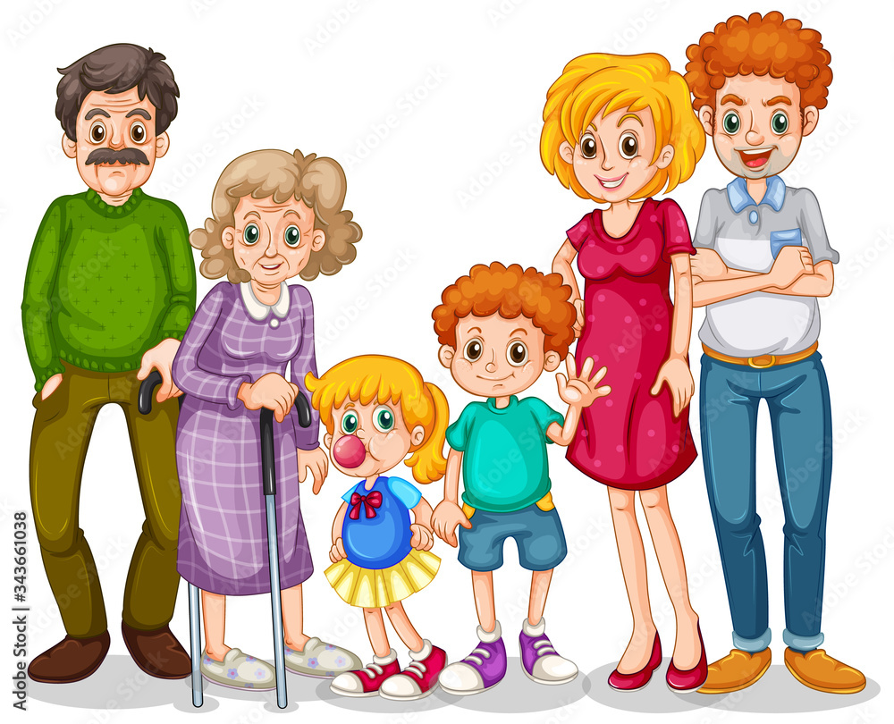 Family members with parents and kids on white background Family members with parents and kids on white background