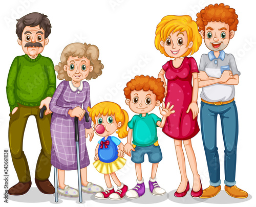 Family members with parents and kids on white background