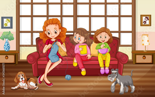 Mother and children staying at home
