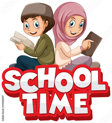 Muslim student with text school time sign