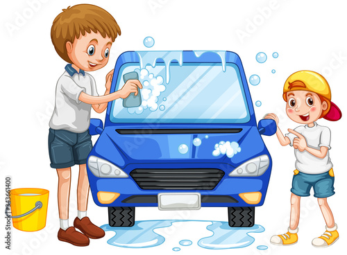 Father and son washing car on white background