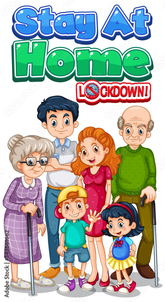Font design for words stay at home with happy family members Font design for words stay at home with happy family members
