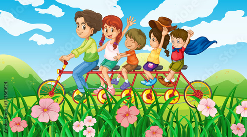 Nature scene background with family riding bike in the park