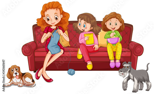 Two girls eating snack and mother knitting on the sofa