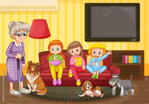 Scene with people staying at home with family