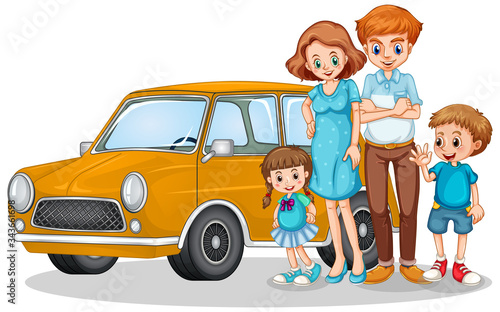 Happy family in front of car