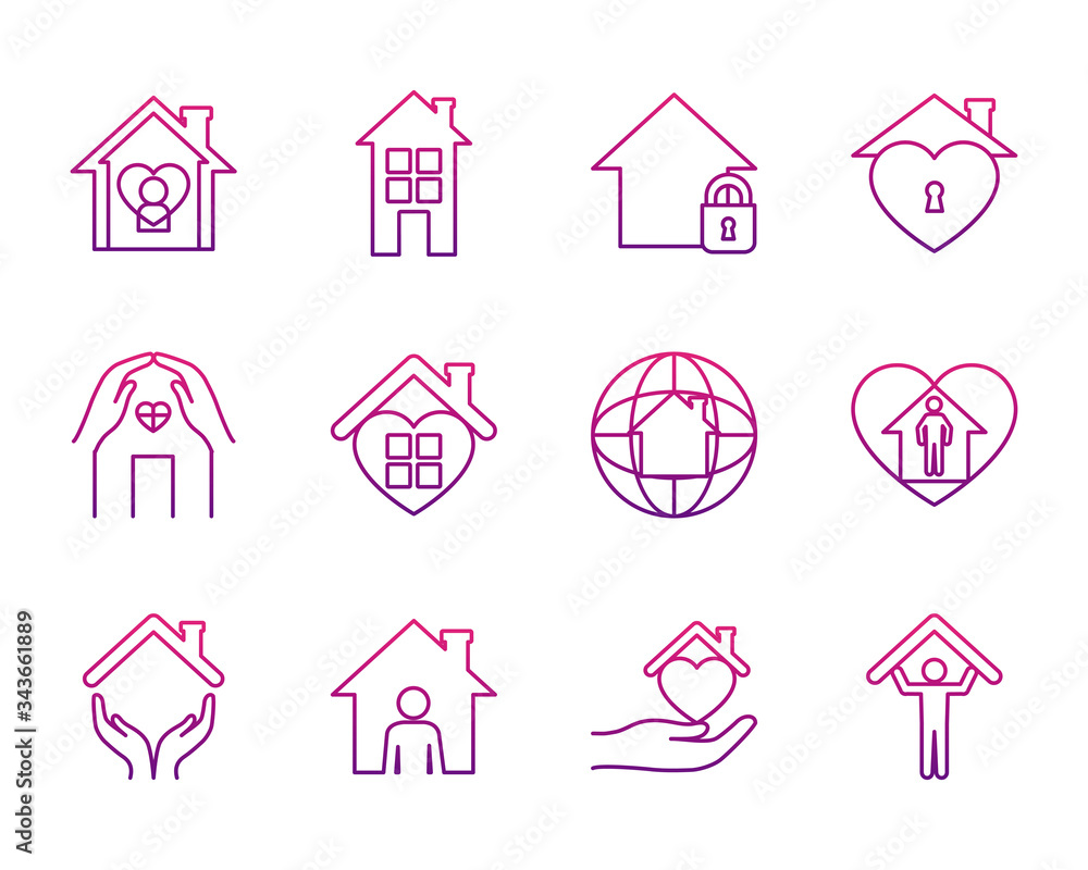hearts and stay home icon set, gradient style hearts and stay home icon set, gradient style