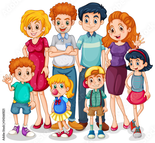 Family members with parents and kids on white background