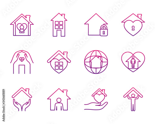 hearts and stay home icon set, gradient style