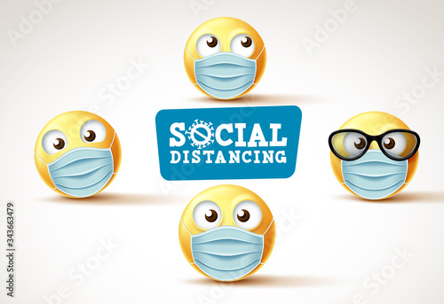 Smiley emoji social distance with face mask vector signage. Emojis or emoticons with face mask warning sign to fight covid-19 corona virus. Vector illustration.
