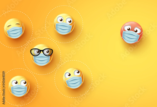 Smiley emojis social distancing vector background. Emoji and emoticon wearing face mask with social distance to fight covid-19 corona virus. Vector illustration.
