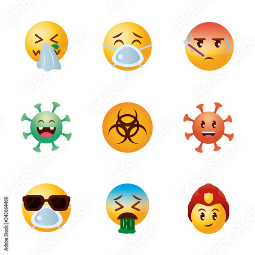 biohazard symbol and emojis coronavirus icon set, gradient style