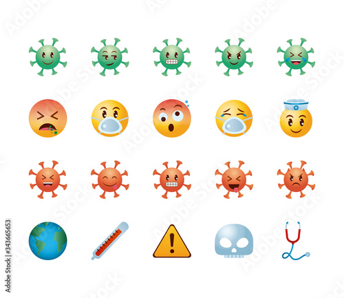 warning signs and emojis coronavirus icon set, gradient style