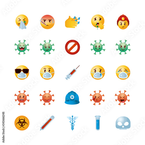 biohazard symbol and emojis coronavirus icon set, gradient style