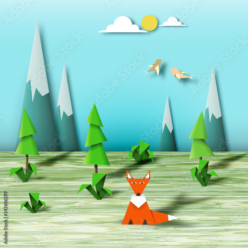 Unusual Colorful Origami Scene with Paper Figures
