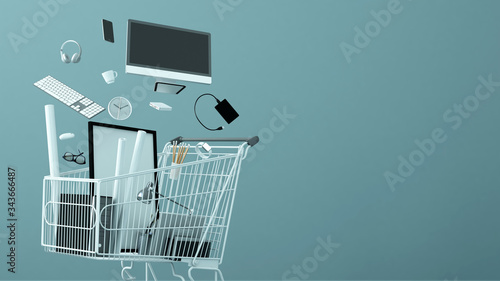 Equipment for work in the white  cart on blue green background - Artwork design shopping online for work from home - 3d rendering photo
