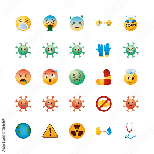 cleaning gloves and emojis coronavirus icon set, gradient style