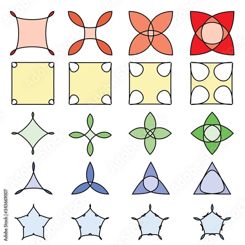 Collection of colored abstract flowers on white background.