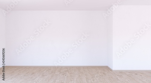 empty white room with white wall and parquet  3d render