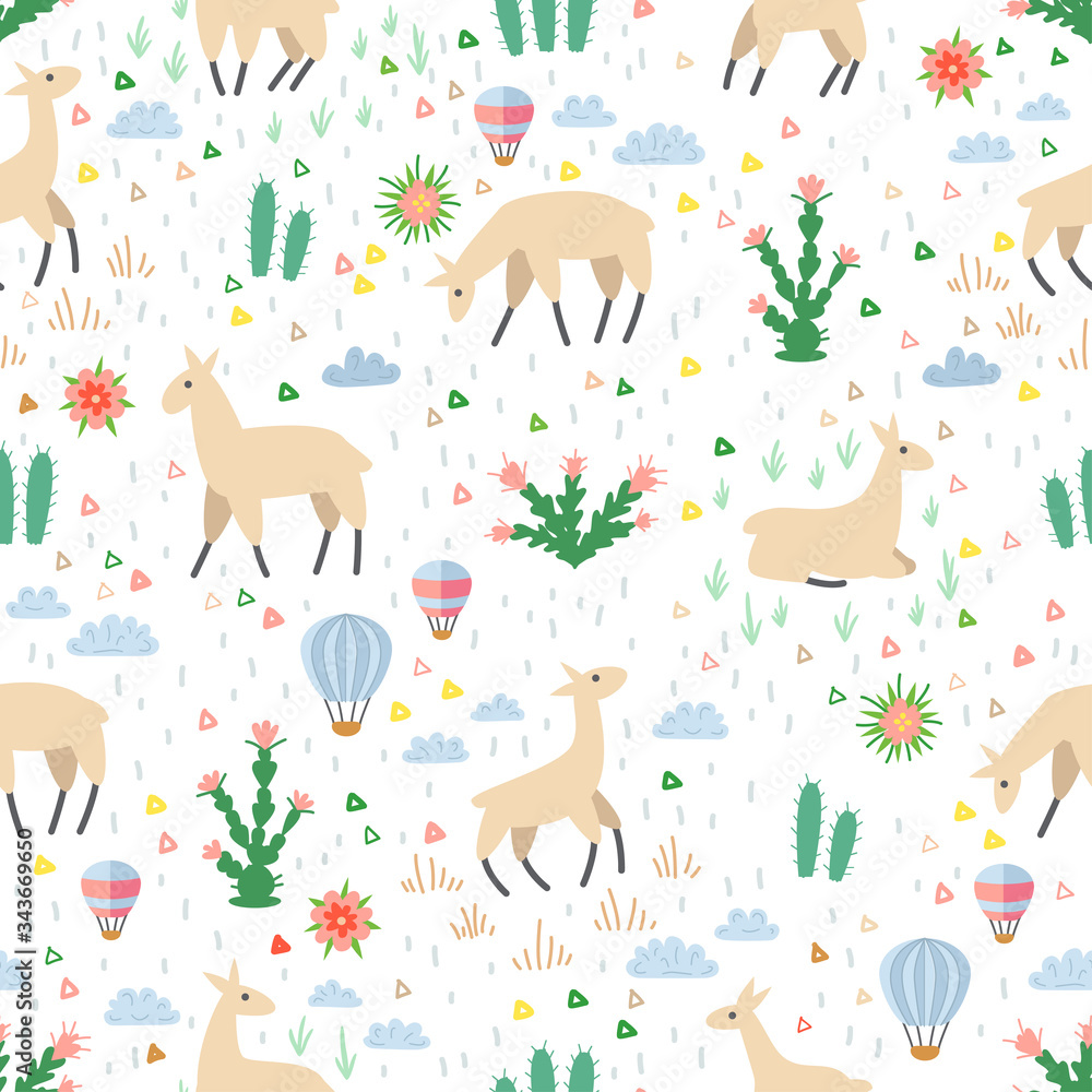 A seamless pattern with llama and cactus