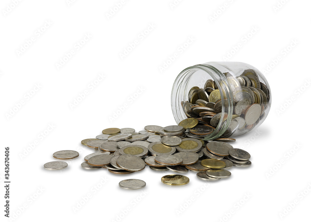 coins in glass jar isolated on white background. Business, finance, investment, money saving and budget concept. with clipping paths. coins in glass jar isolated on white background. Business, finance, investment, money saving and budget concept. with clipping paths.