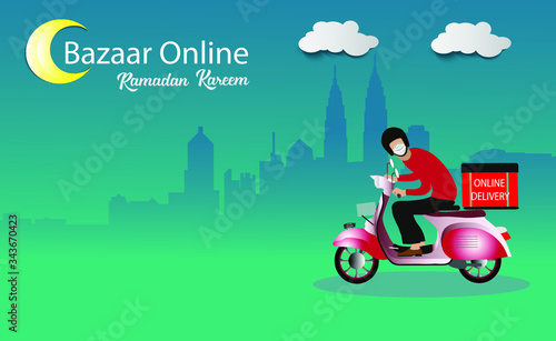 Conceptual of Bazaar Online, food and beverages services via smartphone  Ramadan or fasting month . Online Delivery