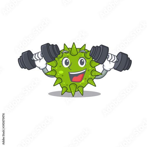 Mascot design of smiling Fitness exercise vibrio cholerae lift up barbells