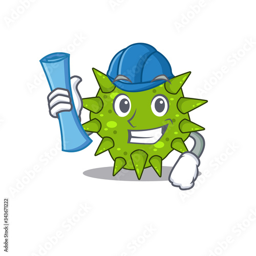 Cartoon character of vibrio cholerae brainy Architect with blue prints and blue helmet