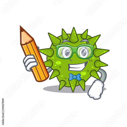 A brainy student vibrio cholerae cartoon character with pencil and glasses