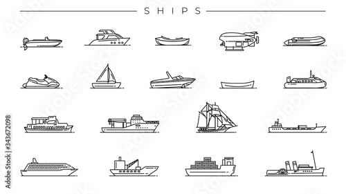 Ships concept line style vector icons set.