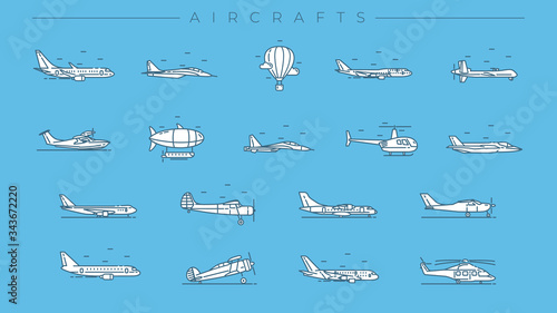 Aircrafts concept line style vector icons set.