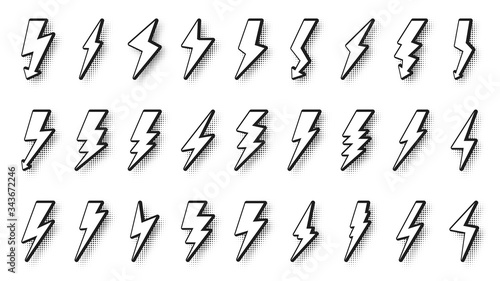 Set of comic lightning bolt pop art style with halftone dot shadow. Blank template sign emblem voltage in cartoon style. Different shapes shock lightnins flash. Isolated on white vector illustration
