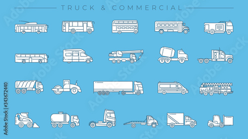 Truck and Commercial concept line style vector icons set.