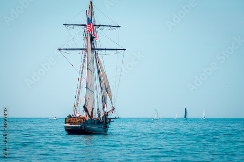 Tall ship sailing on Lake Michigan in South Haven Michigan on a clear day