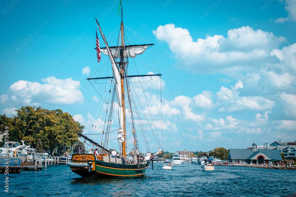 Tall ship setting sail from South Haven Michigan's harbor